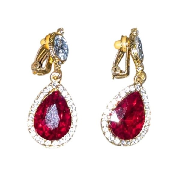 Vintage Clip-On Earrings Gold Tone Red Clear Rhinestones Teardrop Shape Elegan - Picture 1 of 6